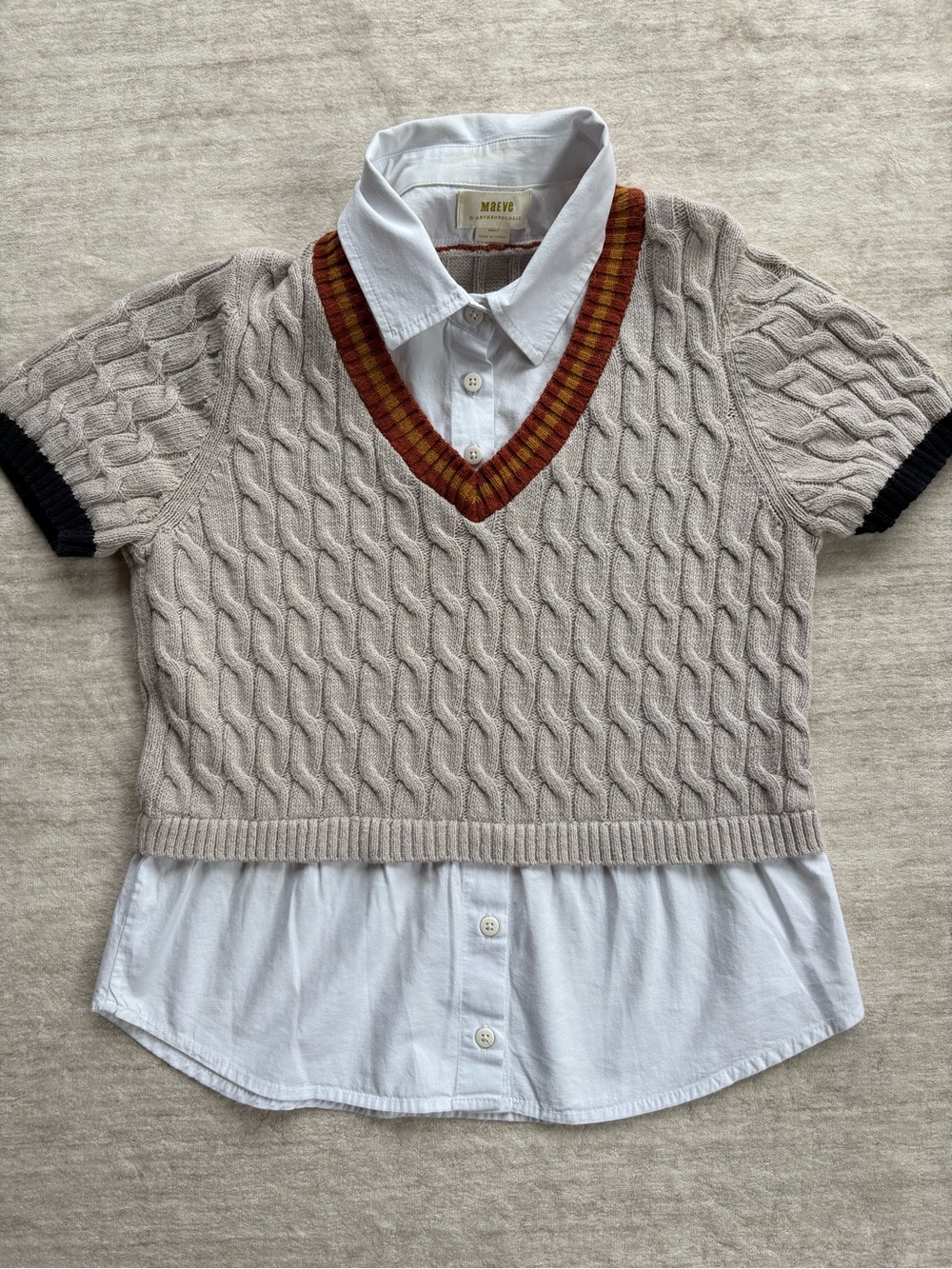 Maeve by Anthro Beige Cable Knit Cricket Sweater Top, Timeless V-neck Size Small - Picture 5 of 14